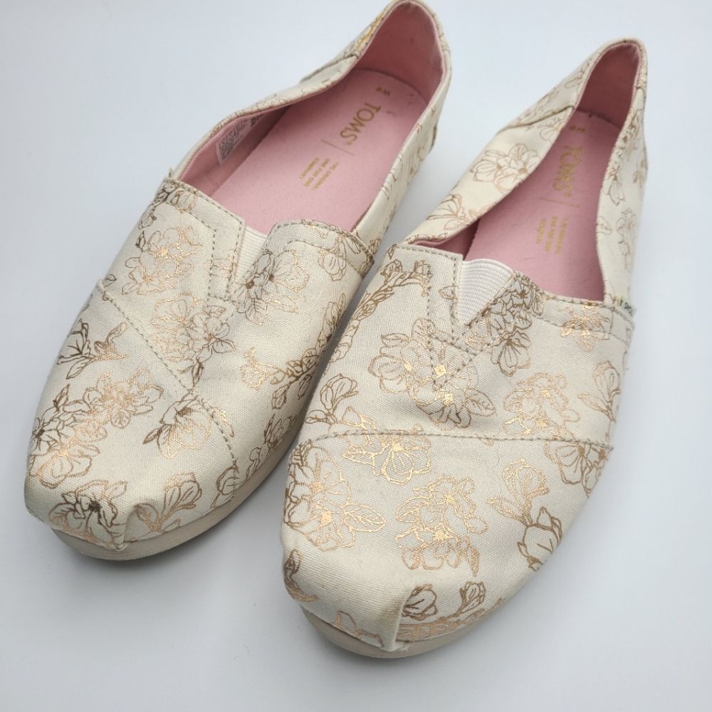 TOMS 9W Alpargata Slip On Shoes Ivory Pink Canvas Floral Metallic Foil